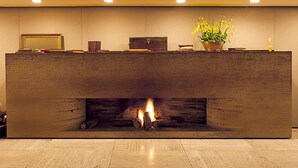 Una chimenea encendida, un espejo, libros y una planta en maceta sobre la repisa.