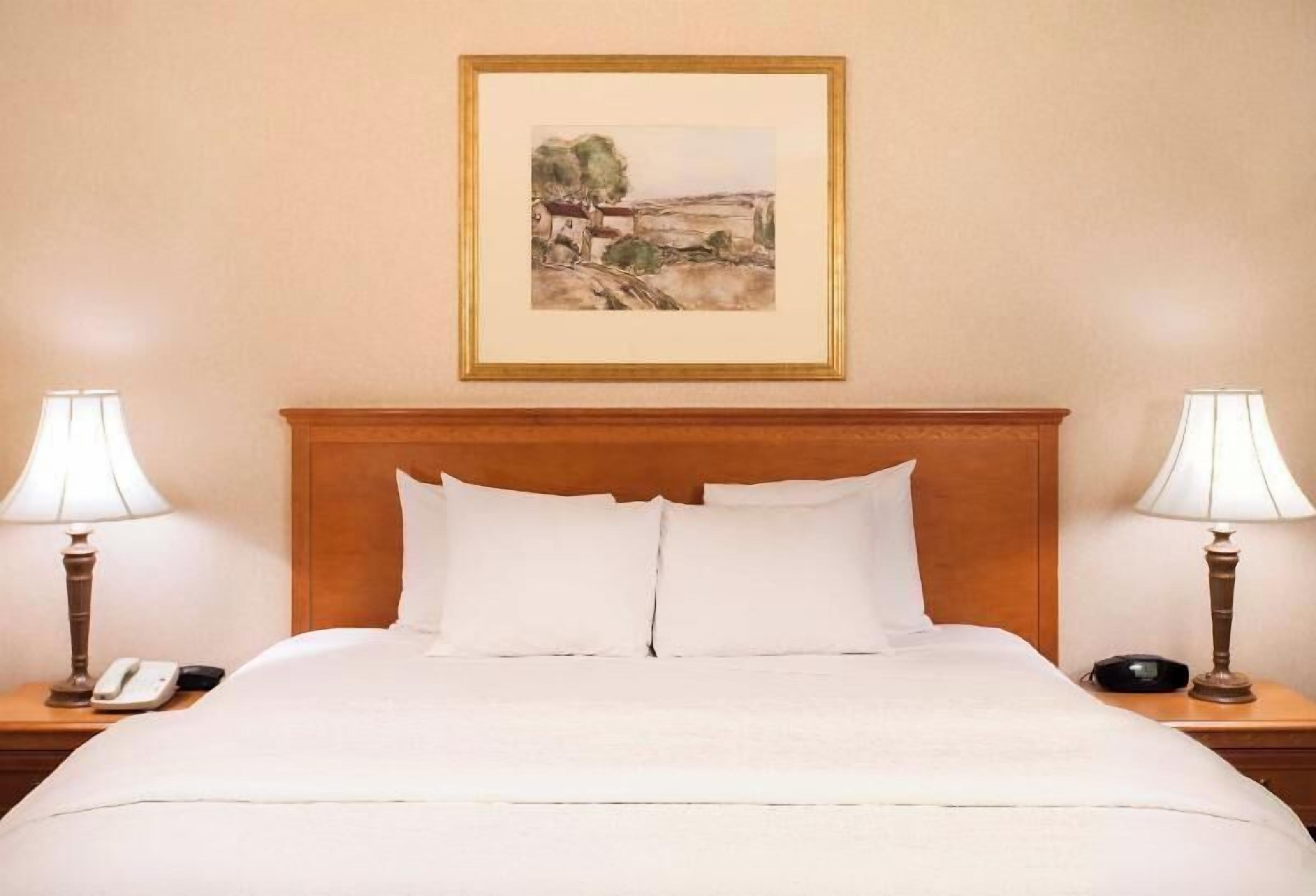 Premium bedding, desk, laptop workspace, blackout drapes