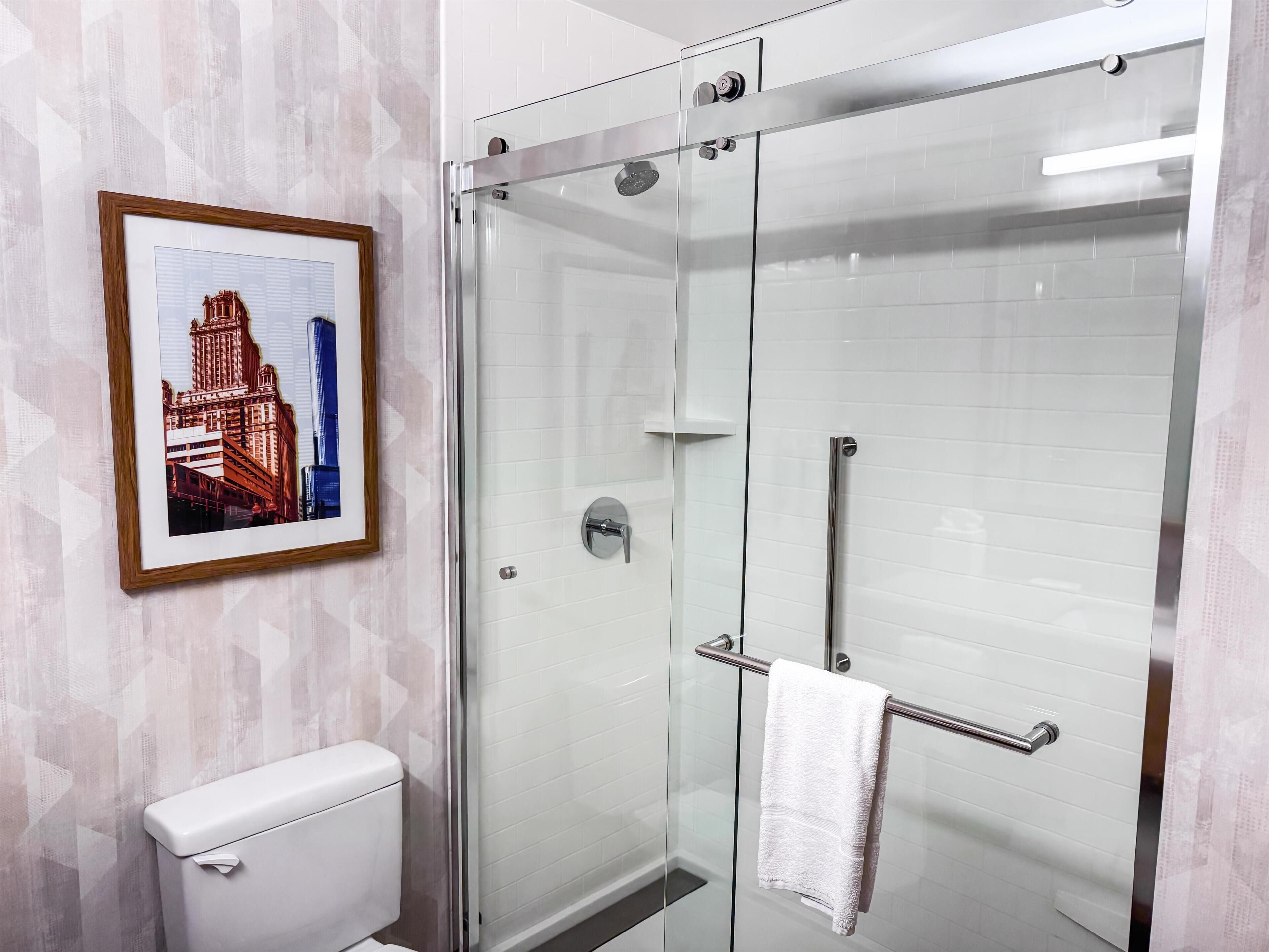 A modern bathroom with a glass-enclosed shower, a white toilet, and a framed picture on the wall.