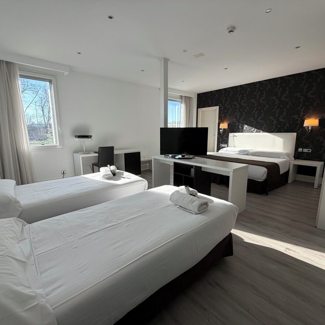 Een hotelkamer met twee bedden, een bureau met een televisie en een muur met een donker patroon.
