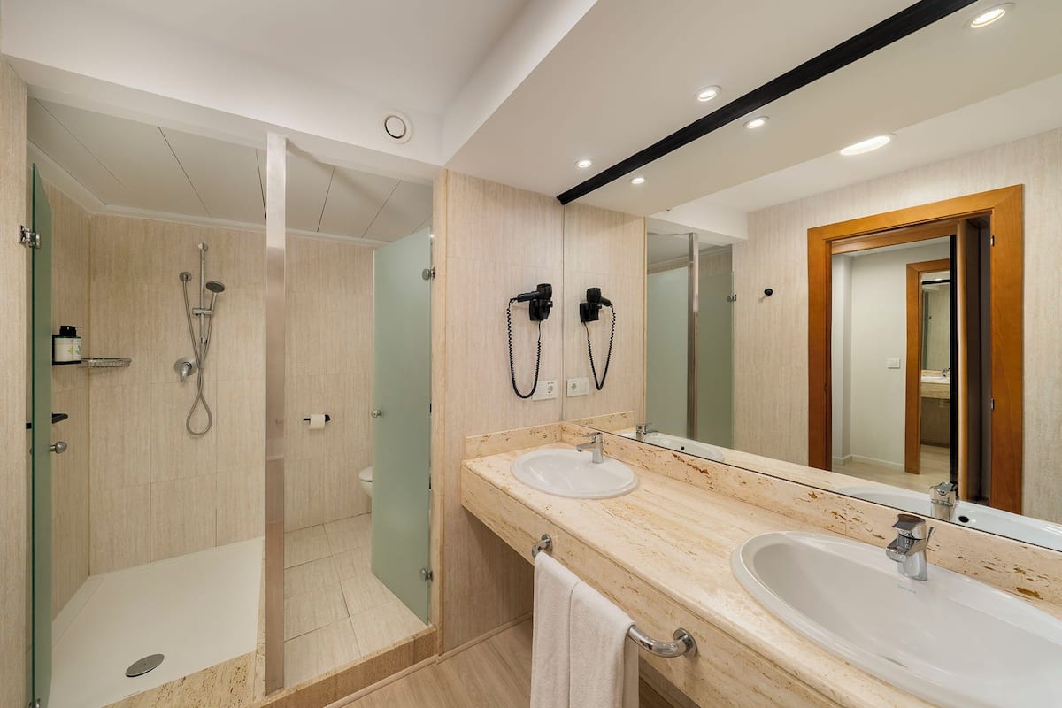 separate bathtub and shower, deep-soaking bathtub, hair dryer, bidet