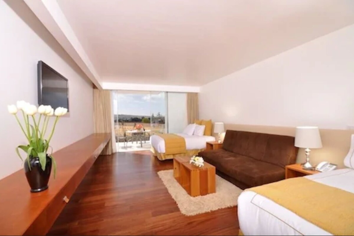 Een hotelkamer met een bed, een bank, een klein tafeltje, een televisie en een raam met uitzicht.