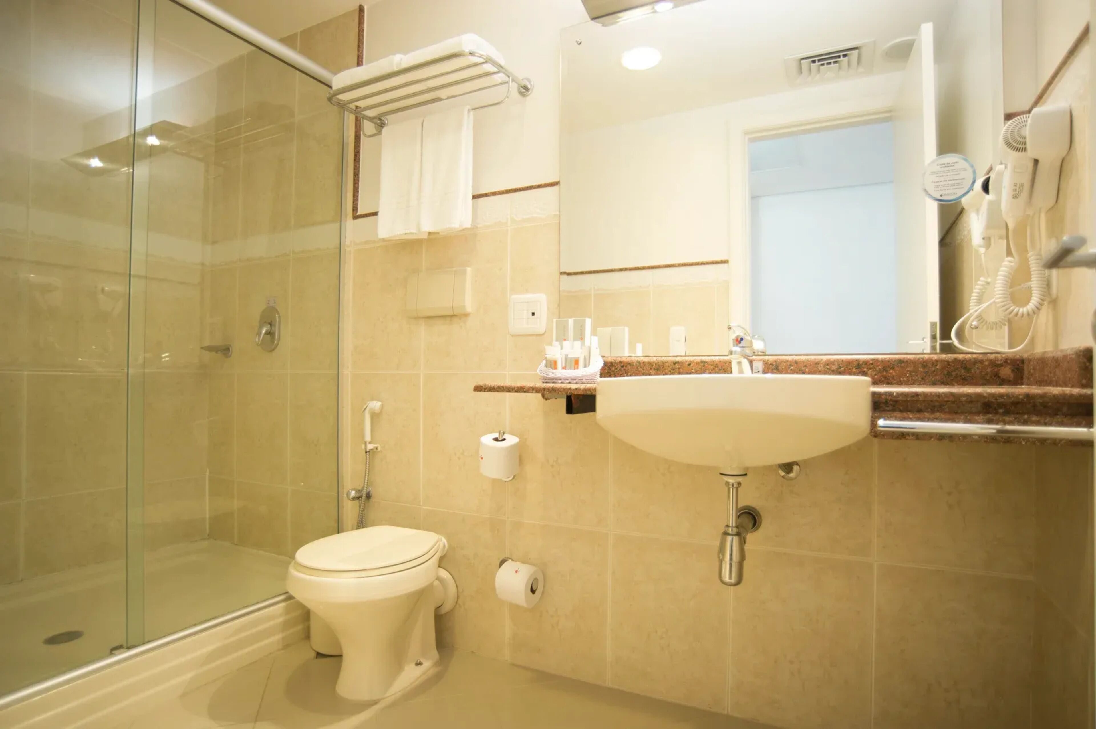 shower, free toiletries, hair dryer, towels