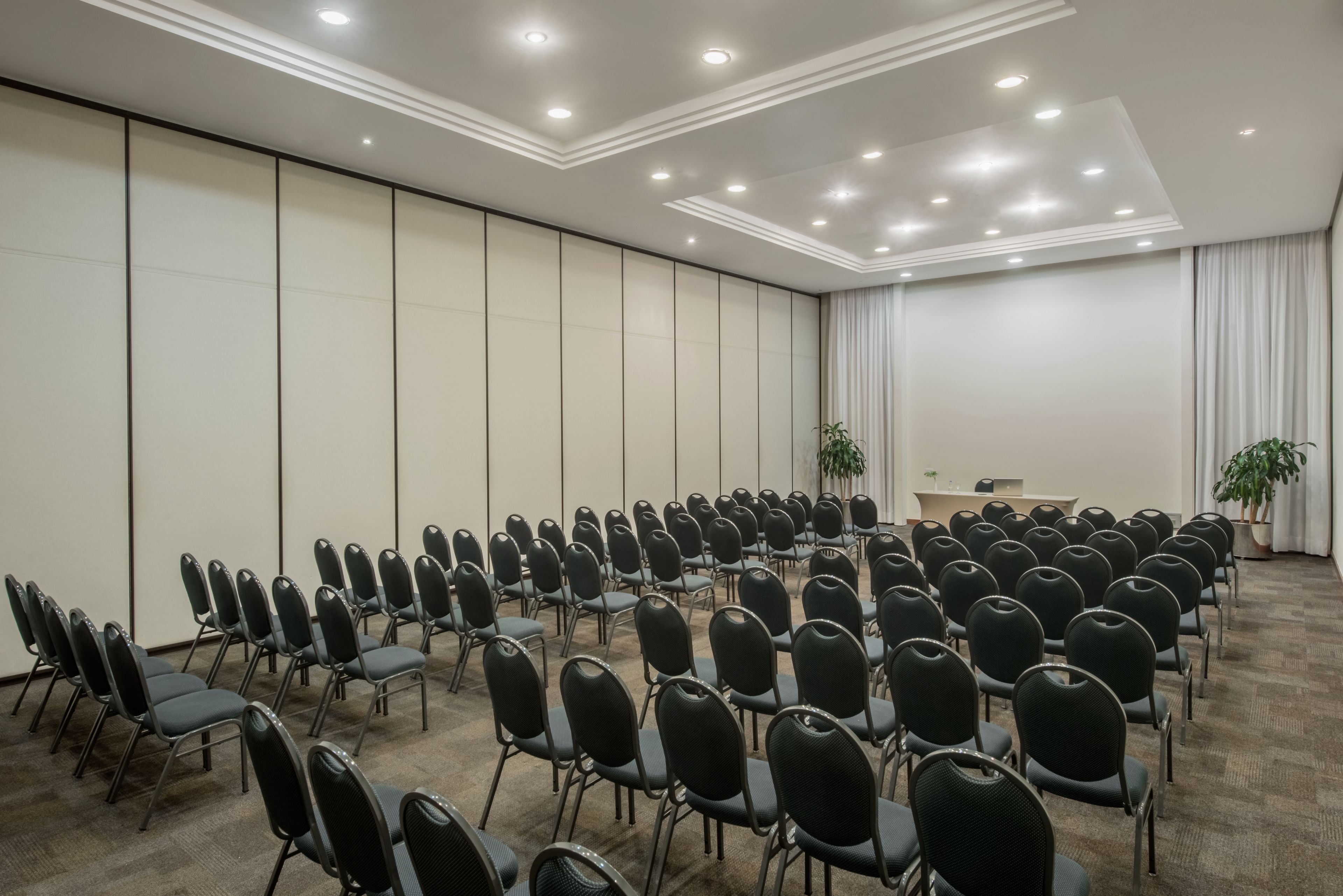 A conference room with rows of chairs, a podium, and a potted plant.