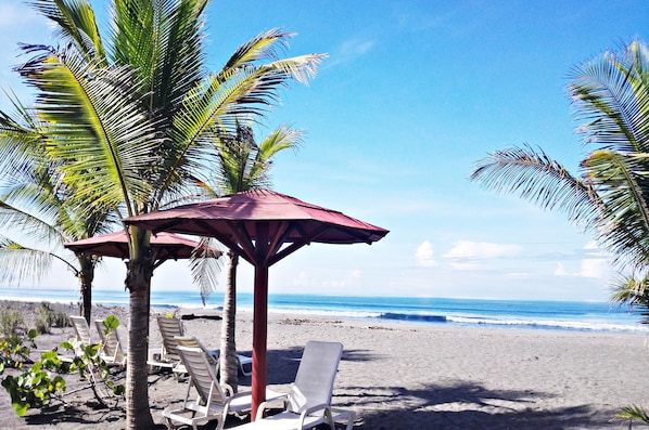 On the beach, black sand, free beach cabanas, sun loungers