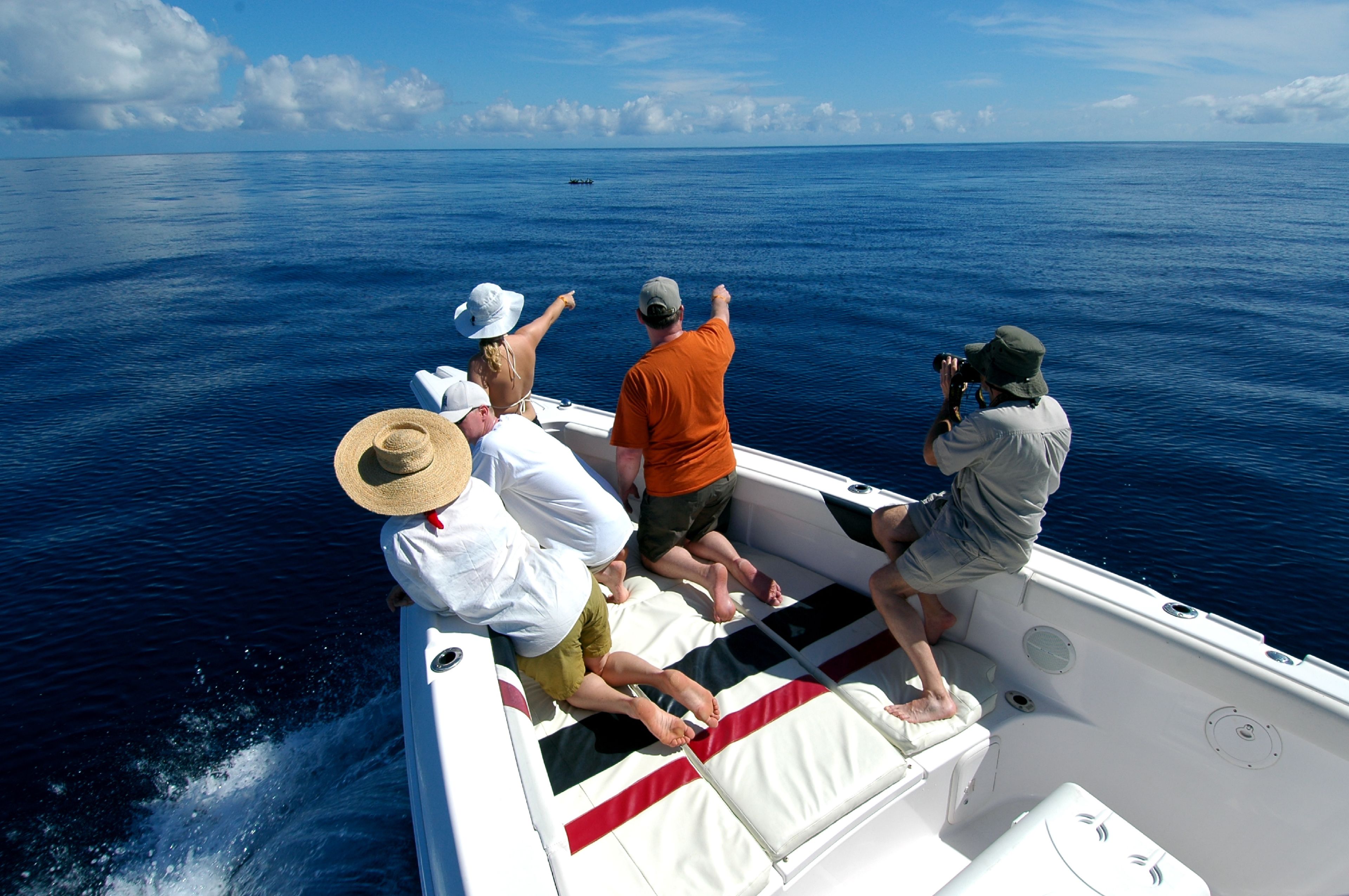 Un barco con cuatro personas, una fotografiando, y una vista despejada del océano.