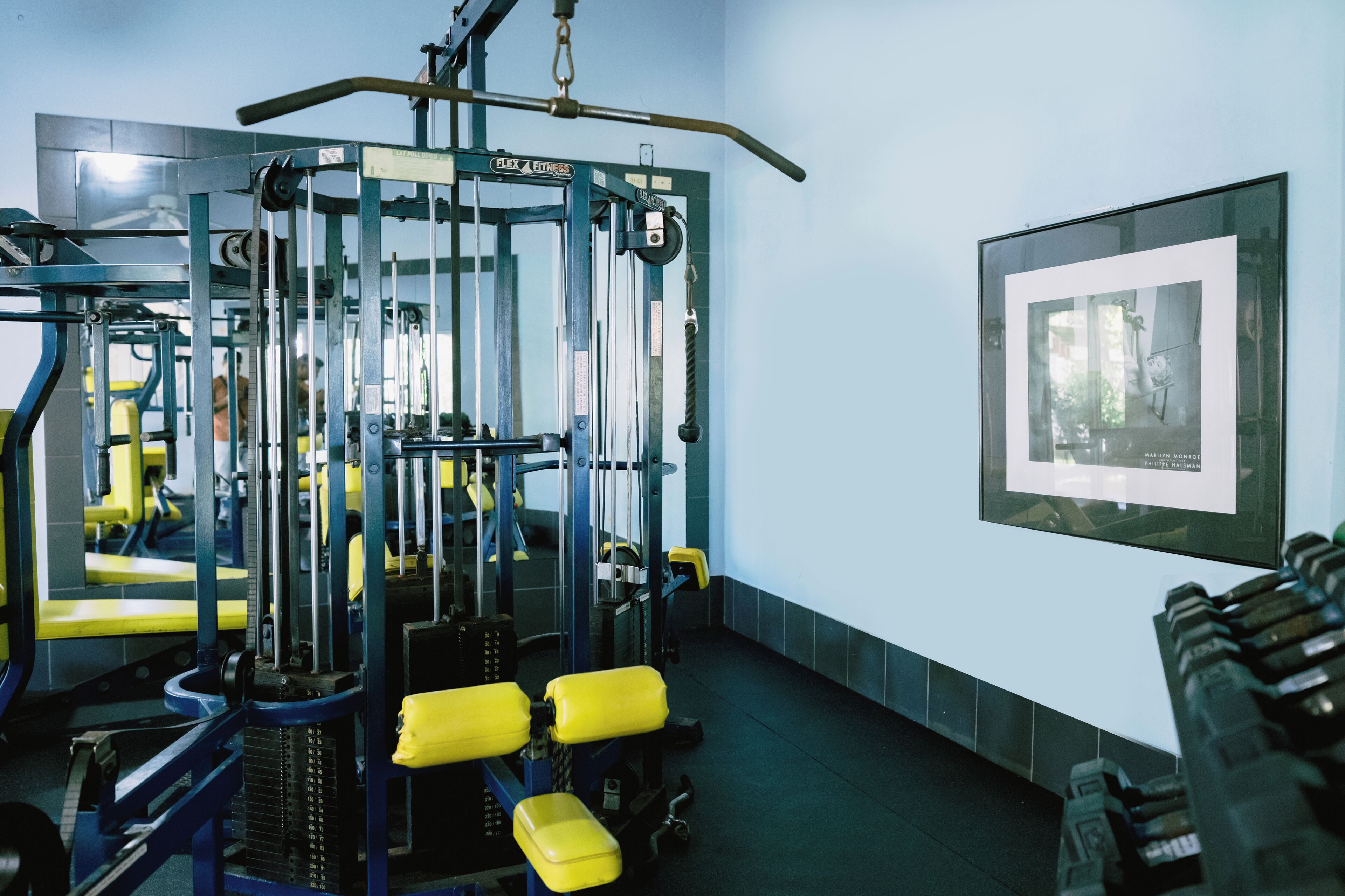 Un gimnasio con equipo de levantamiento de pesas, un espejo y un cuadro en la pared.