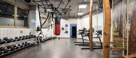 A gym with various exercise equipment, including dumbbells, kettlebells, and a punching bag.