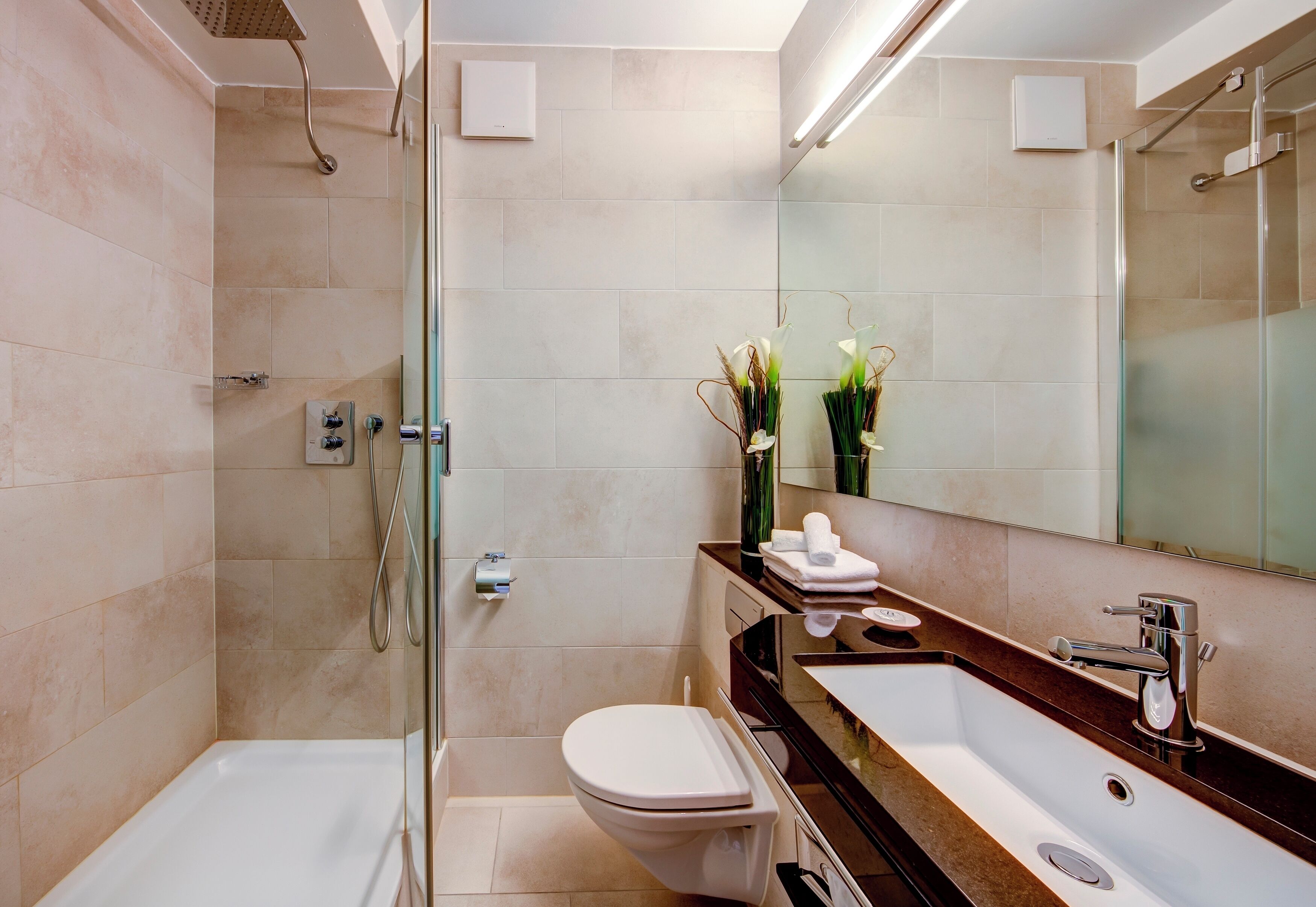 A modern bathroom with a glass-enclosed shower, a white toilet, a vanity with a sink, and a large mirror.
