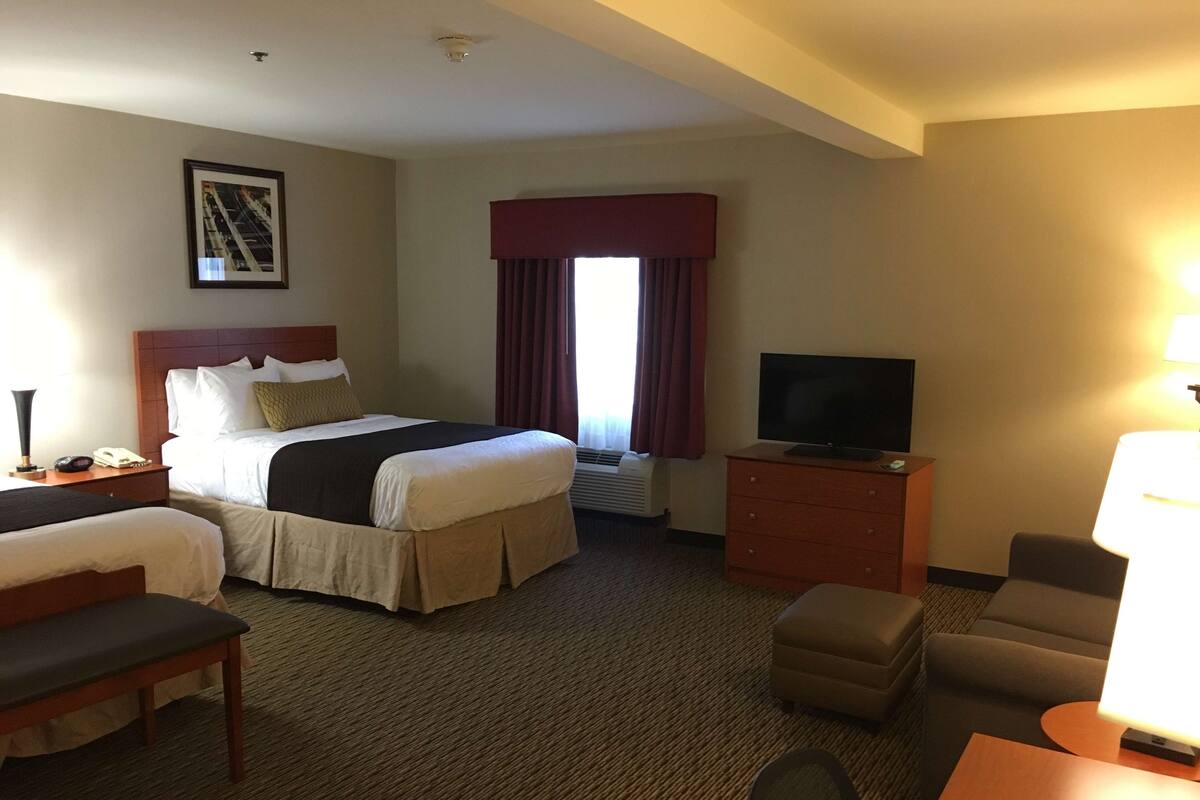 A hotel room with a bed, a TV, a desk, a chair, and a couch.