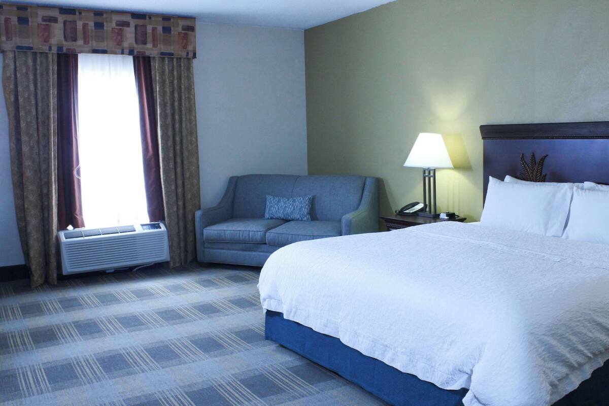 A hotel room with a bed, a sofa, a lamp, and a window with curtains.