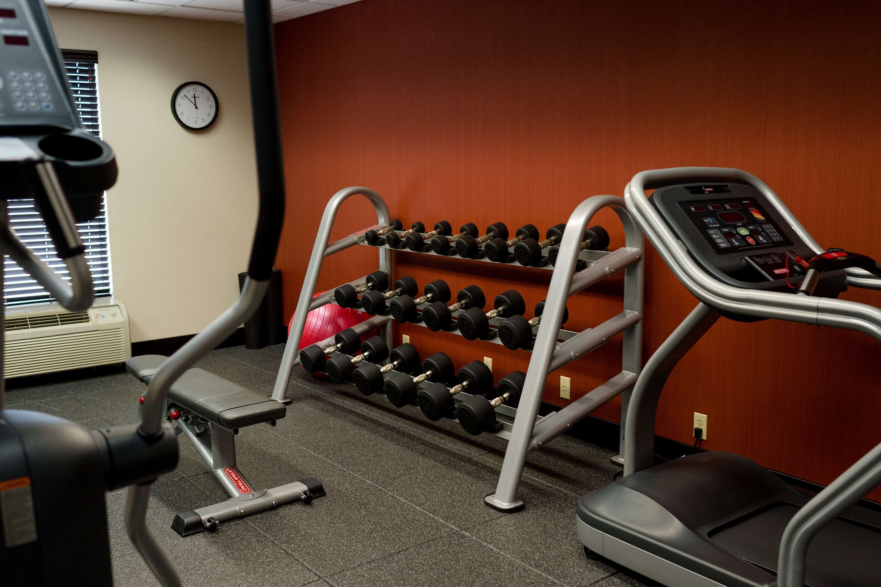A gym with a treadmill, dumbbells on a rack, and a red exercise ball.