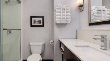 A modern bathroom with a glass shower enclosure, a toilet, a sink with a mirror, and a towel rack.