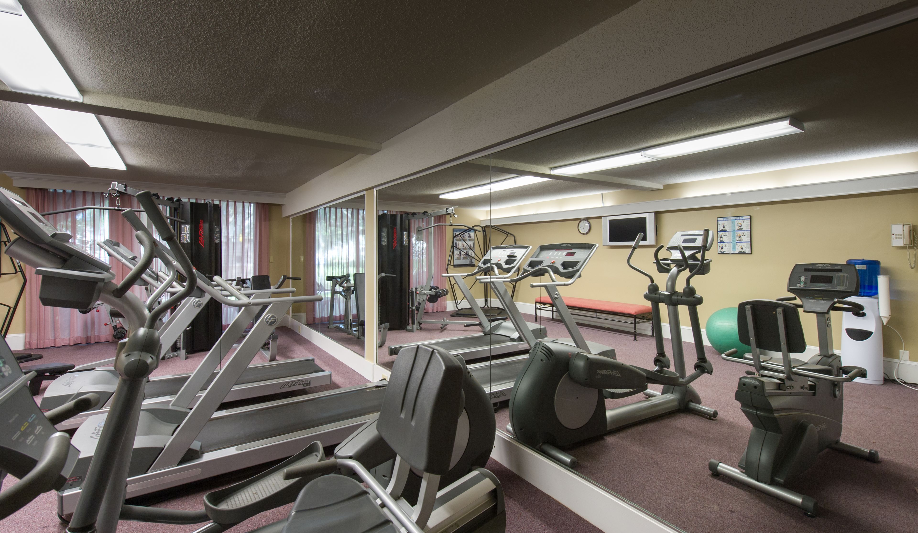 A gym with various exercise equipment, including treadmills, elliptical machines, and a stationary bike.