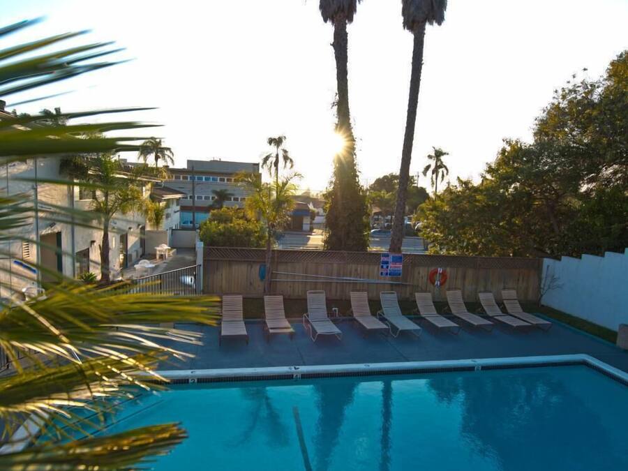 A swimming pool with lounge chairs and palm trees.