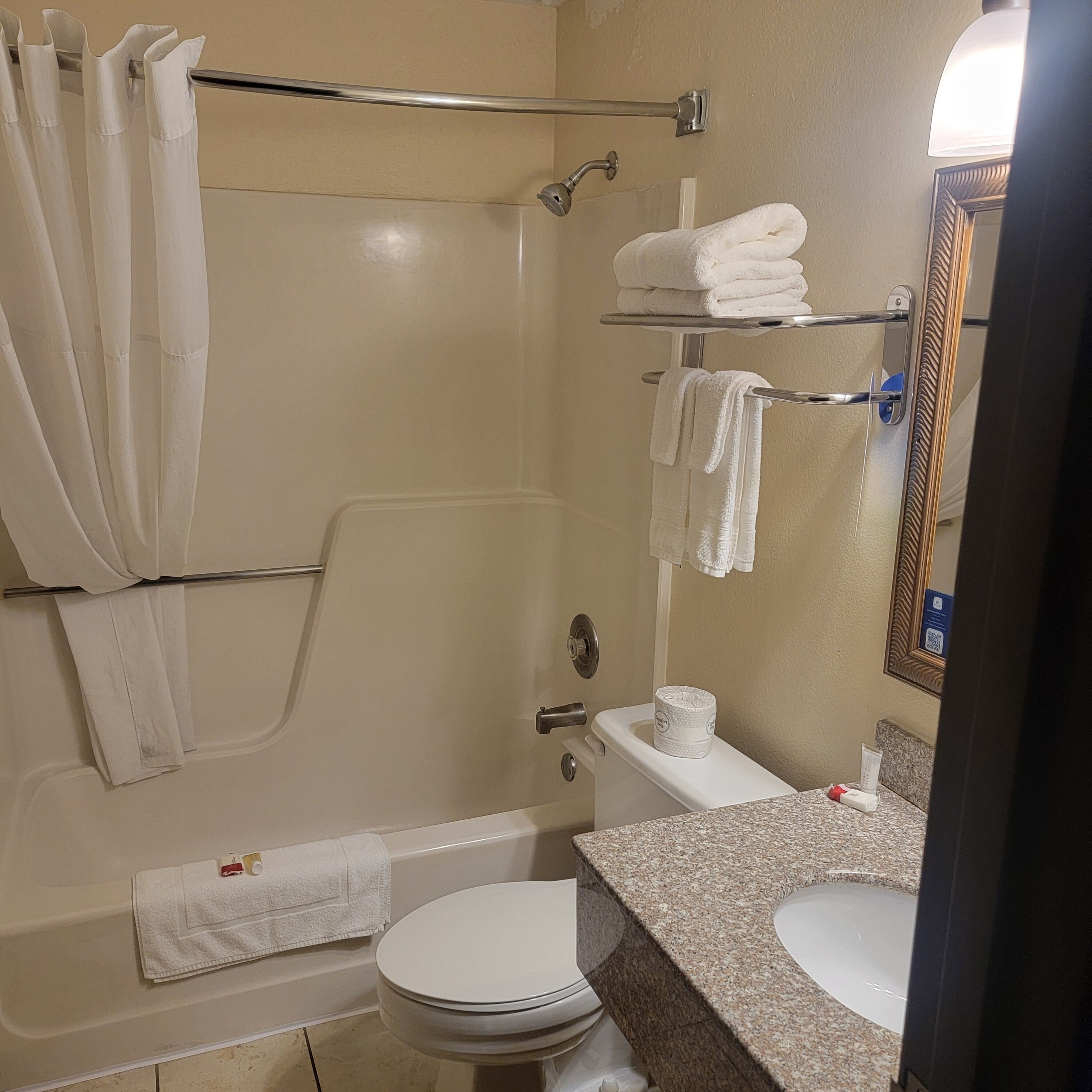 Combined shower/bathtub, free toiletries, hair dryer, towels