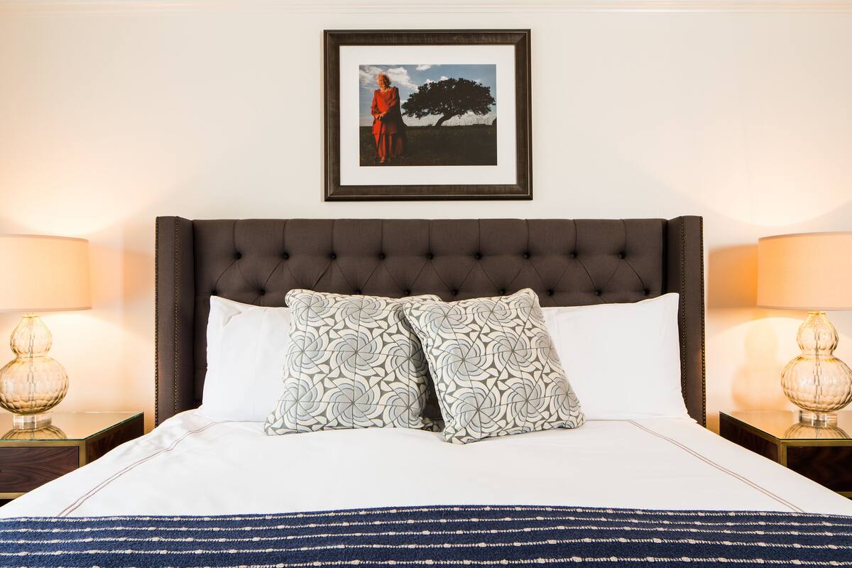 A neatly made bed with a tufted headboard, two patterned pillows, and a framed picture above.