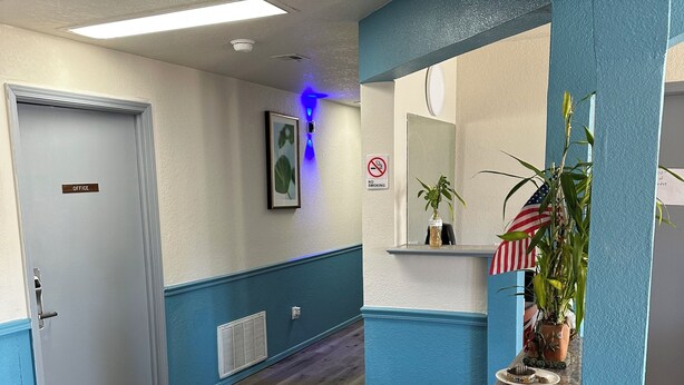 Un corridoio con decorazioni nei toni del blu e del bianco, un cartello ‘No Smoking’, un quadro incorniciato e una pianta su uno scaffale.