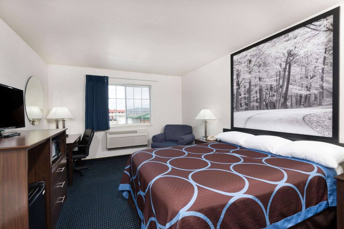 Ein Hotelzimmer mit einem großen Bett, einem Schreibtisch mit Fernseher, einem Sessel, einem Fenster mit Vorhängen und einem großen Bild von einem verschneiten Wald.