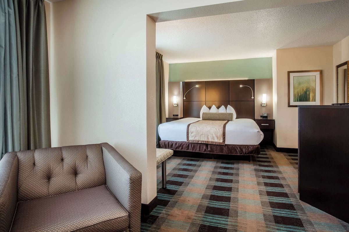 A hotel room with a bed, a chair, a desk, and a carpeted floor.