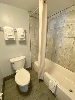 Separate tub and shower, free toiletries, hair dryer, towels