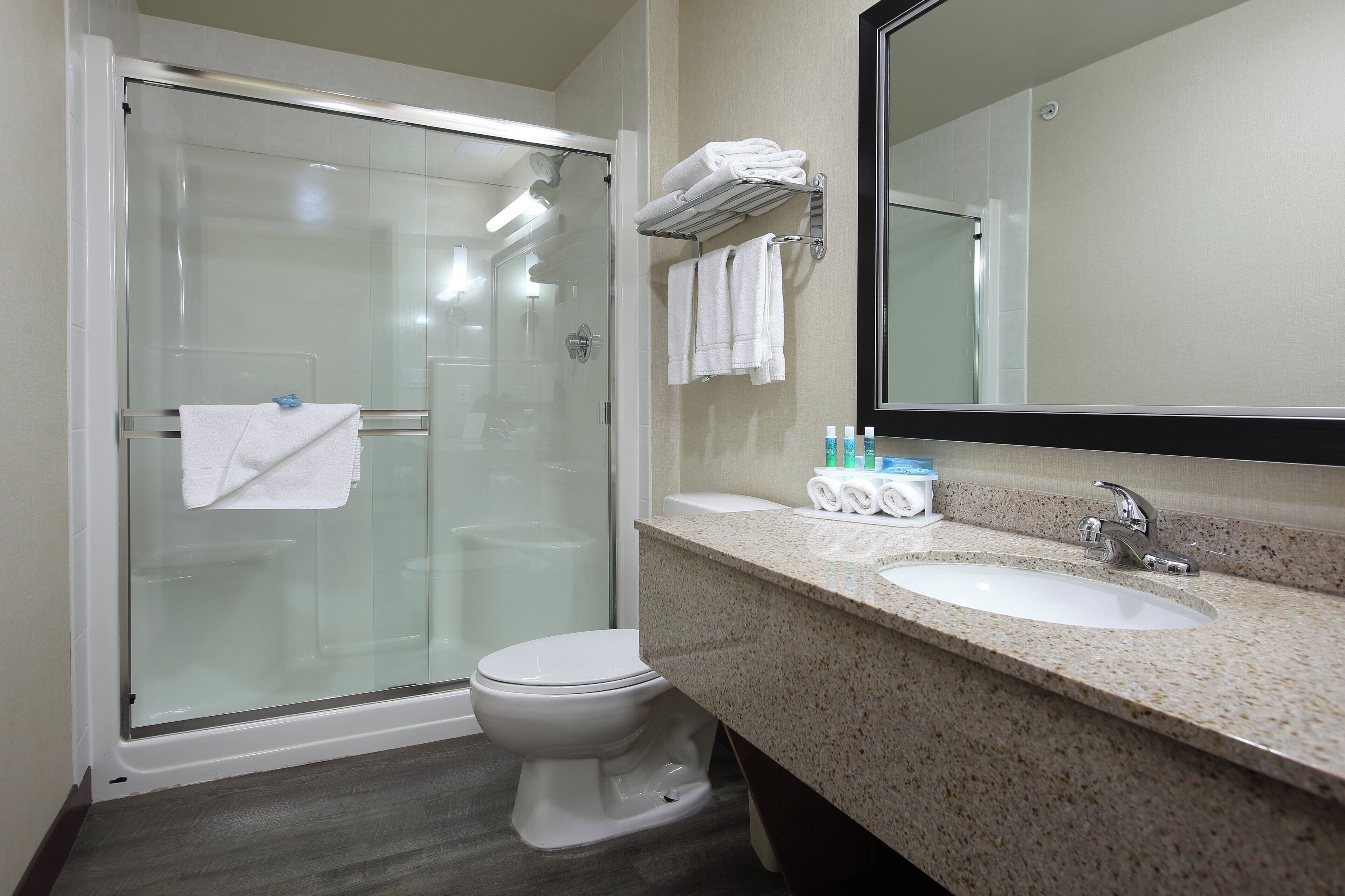 A bathroom with a glass-enclosed shower, a toilet, a sink with a mirror, and neatly folded towels on a rack.