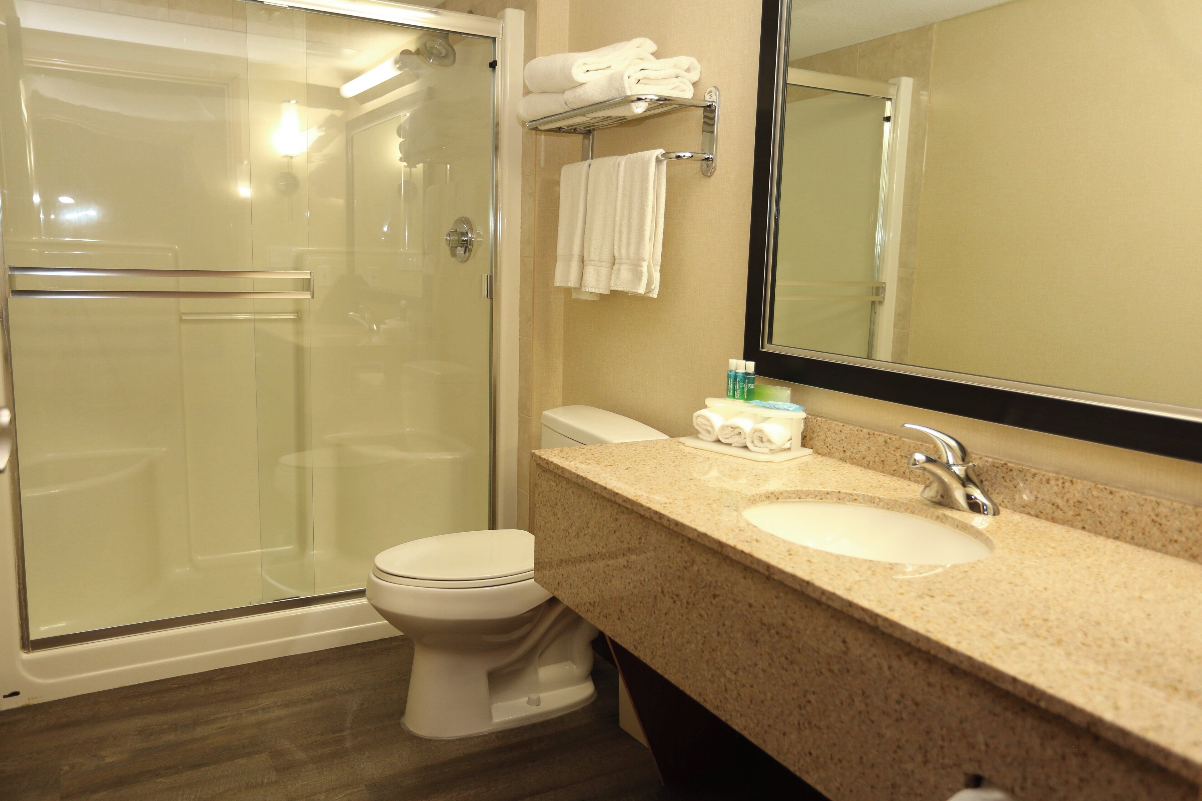 Une salle de bain avec une douche à parois de verre, des toilettes, un lavabo avec un miroir et un porte-serviettes.