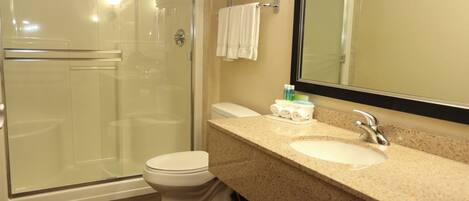 Une salle de bain avec une douche à parois de verre, des toilettes, un lavabo avec un miroir et un porte-serviettes.
