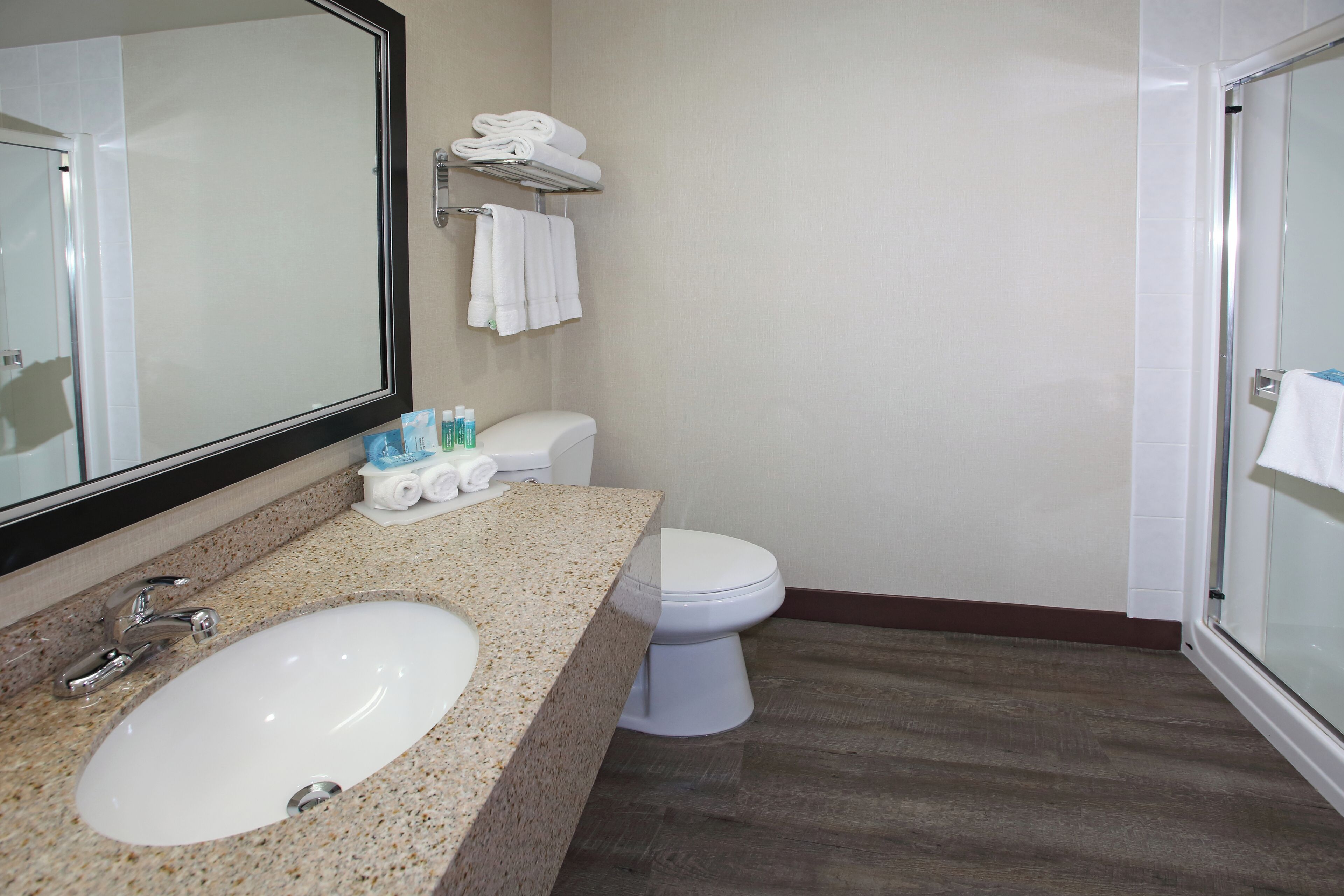 Un baño con lavamanos, inodoro y ducha.