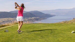 Una persona en una colina cubierta de hierba con vistas a un lago y montañas.