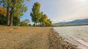 Un sendero junto al lago, con árboles y vistas a montañas distantes.