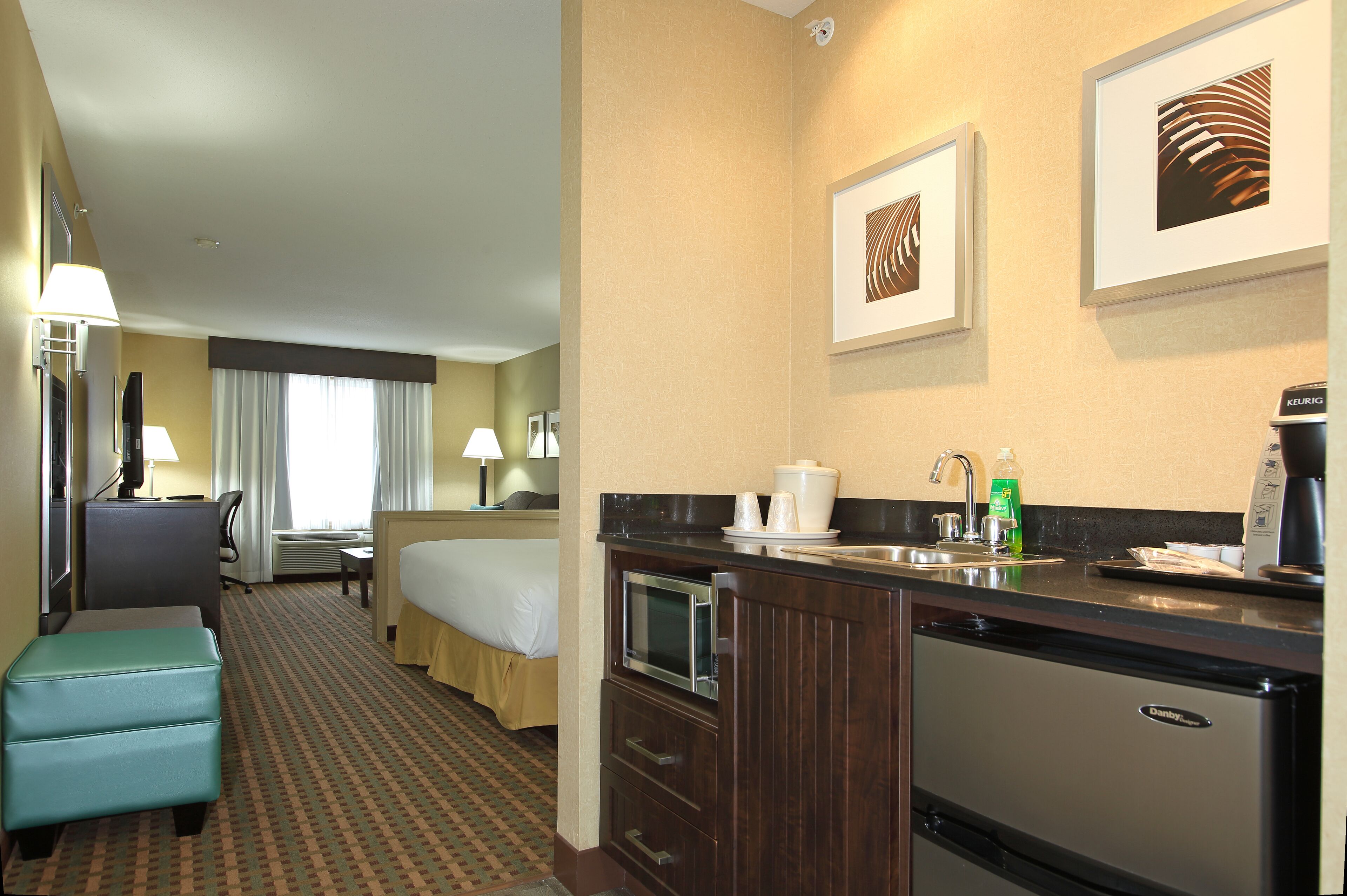 Una habitación de hotel con cama, escritorio, kitchenette y baño.