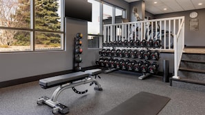 A gym with weightlifting equipment, a bench, and a treadmill. - Hampton Inn & Suites by Hilton Windsor (Windsor)