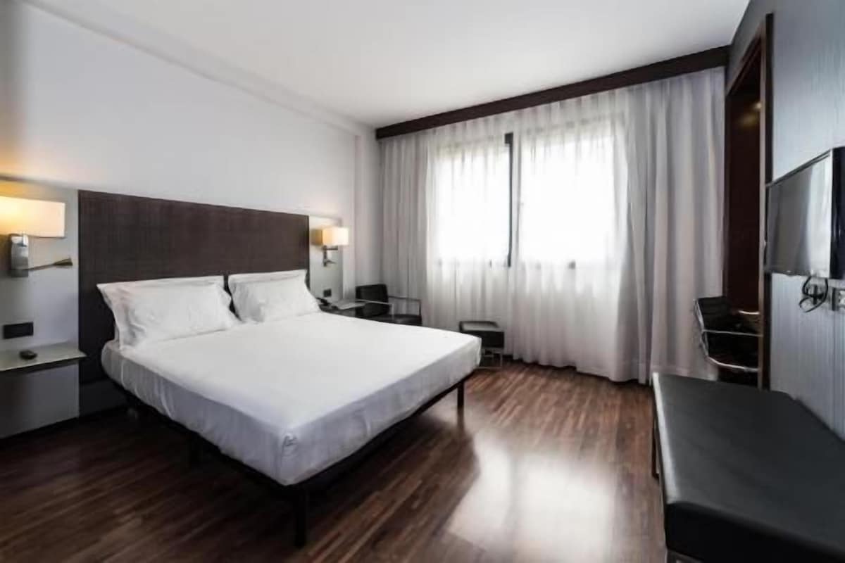 A hotel room with a large bed, a desk, a chair, a TV, and a window with curtains.