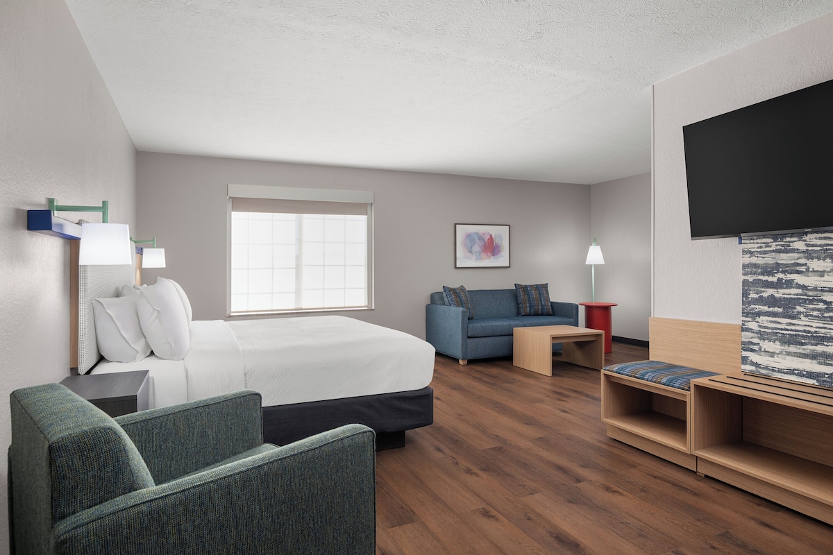 Une chambre d’hôtel moderne équipée d’un lit, d’un canapé, d’une petite table et d’un téléviseur.