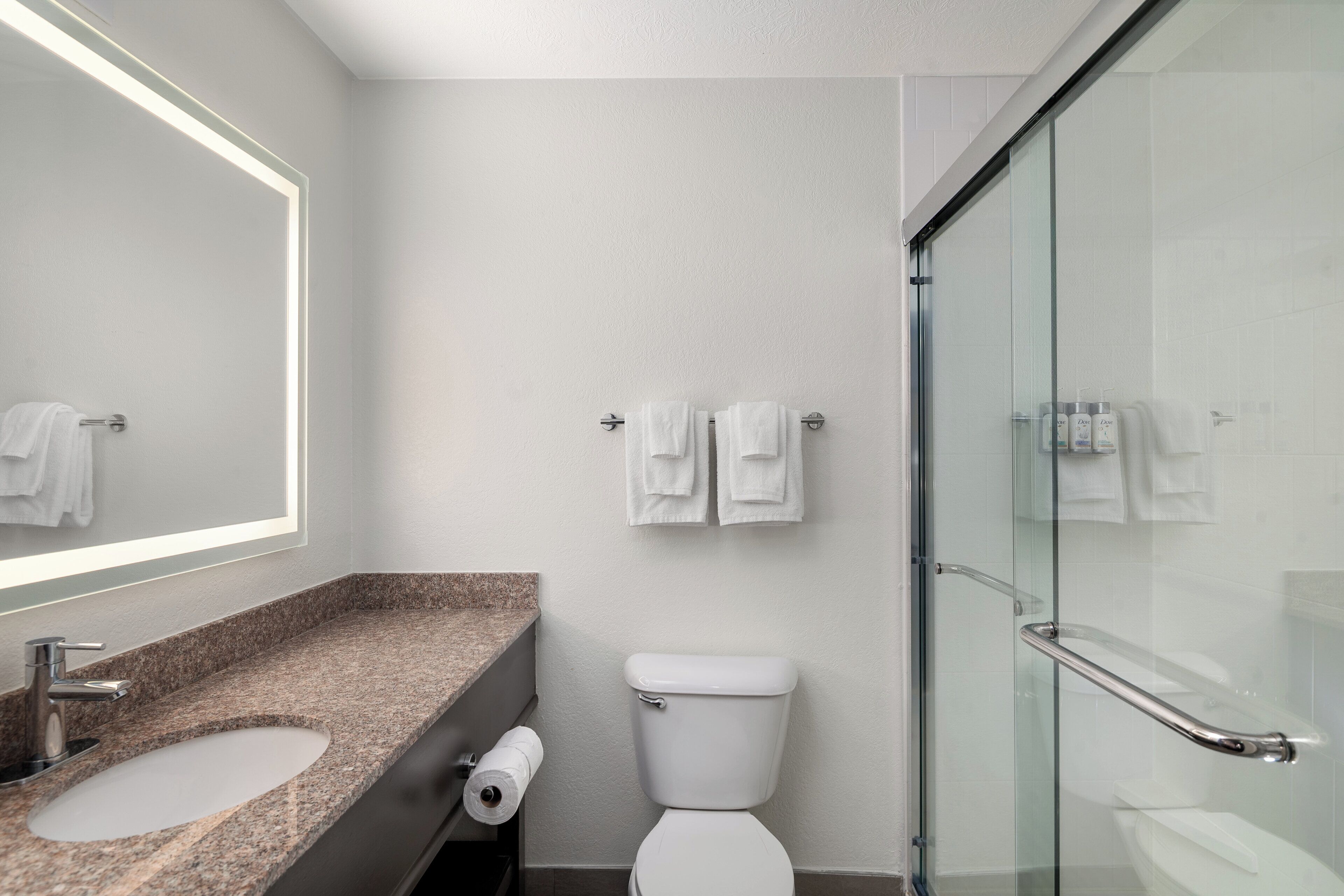 A modern bathroom with a granite countertop sink, a toilet, and a glass-enclosed shower.