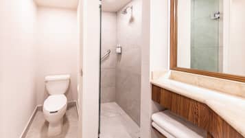 Shower, hydromassage showerhead, free toiletries, hair dryer