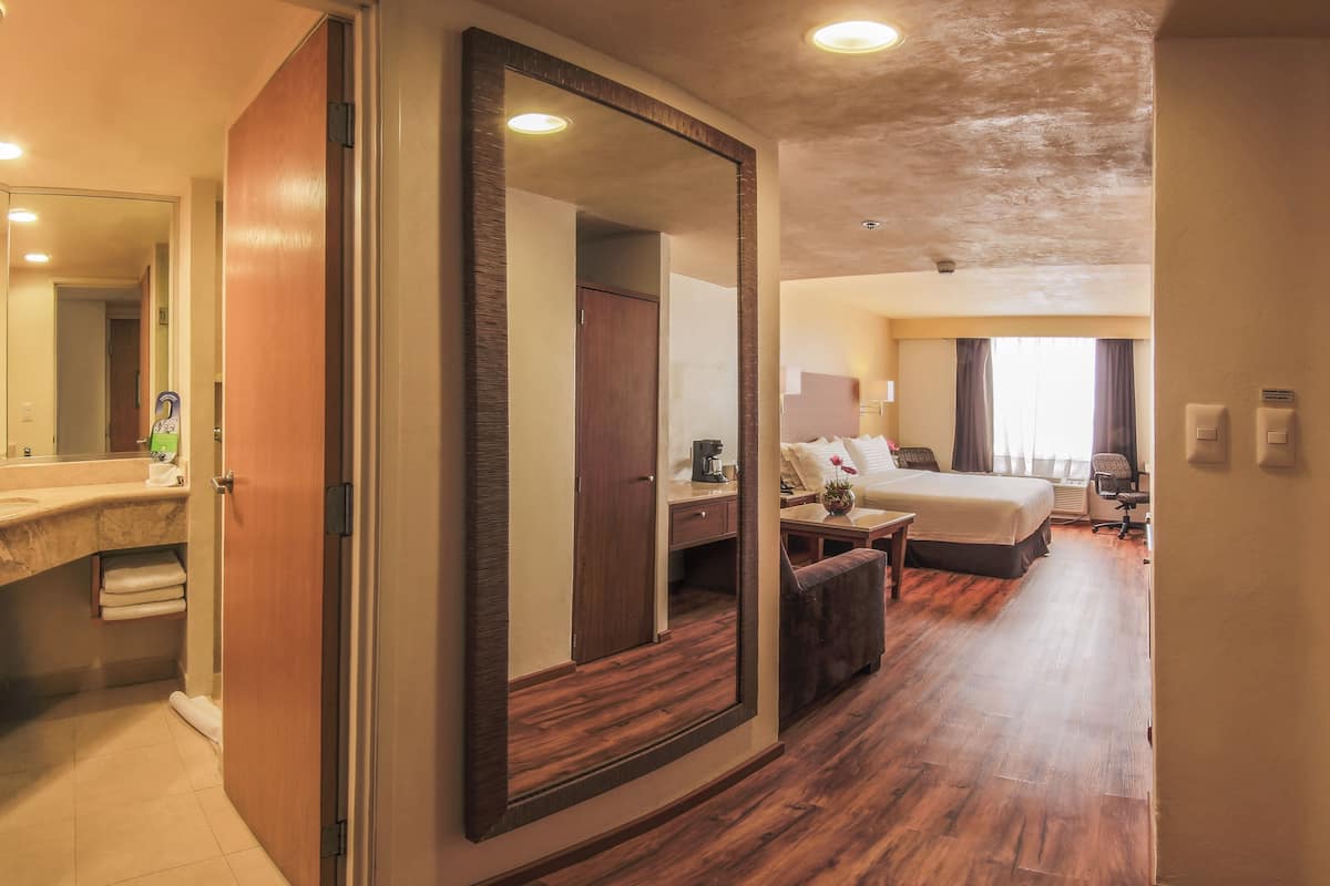 premium bedding, select comfort beds, desk, blackout curtains