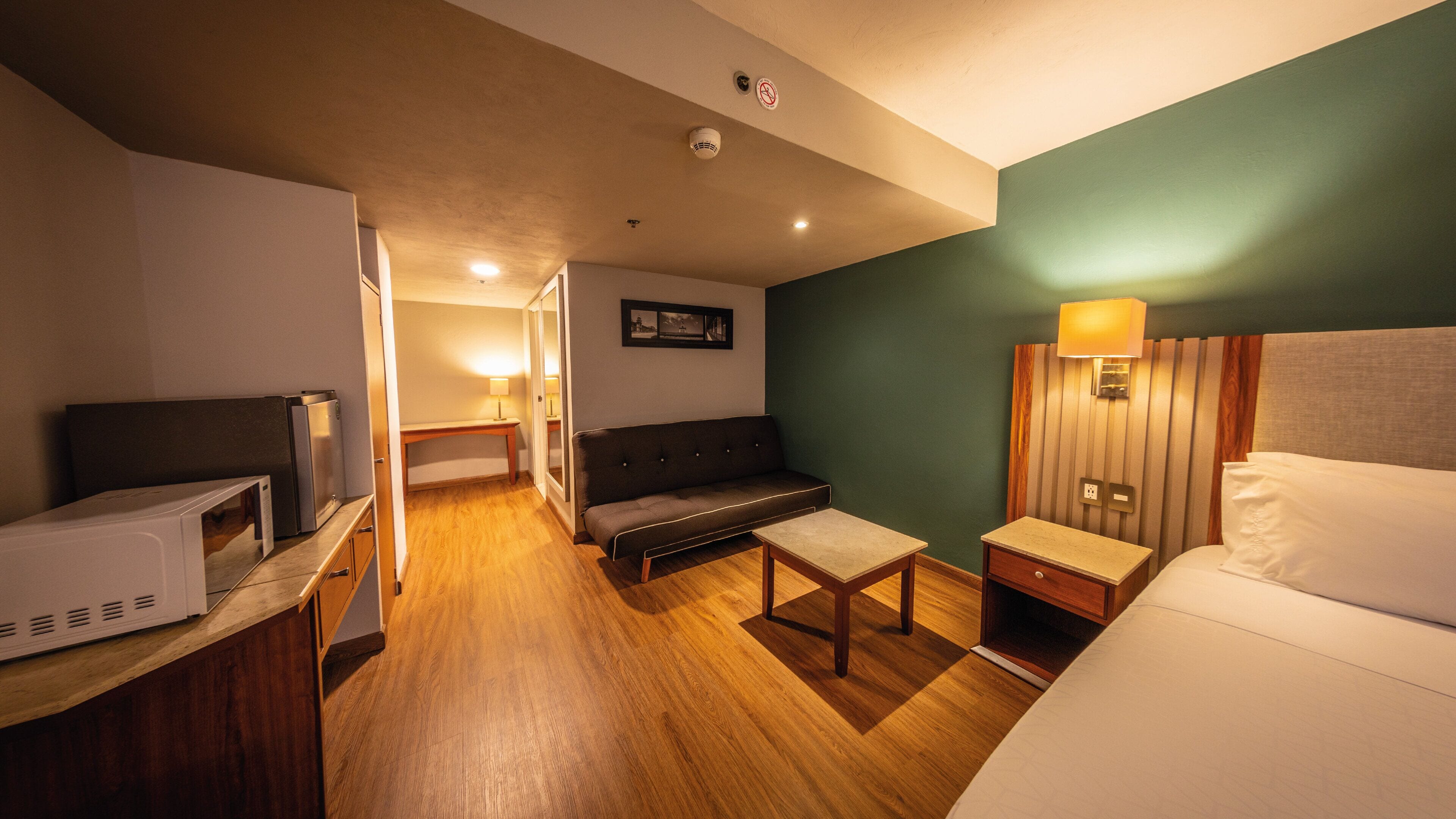 A hotel room with a bed, a desk, a sofa, and a microwave.
