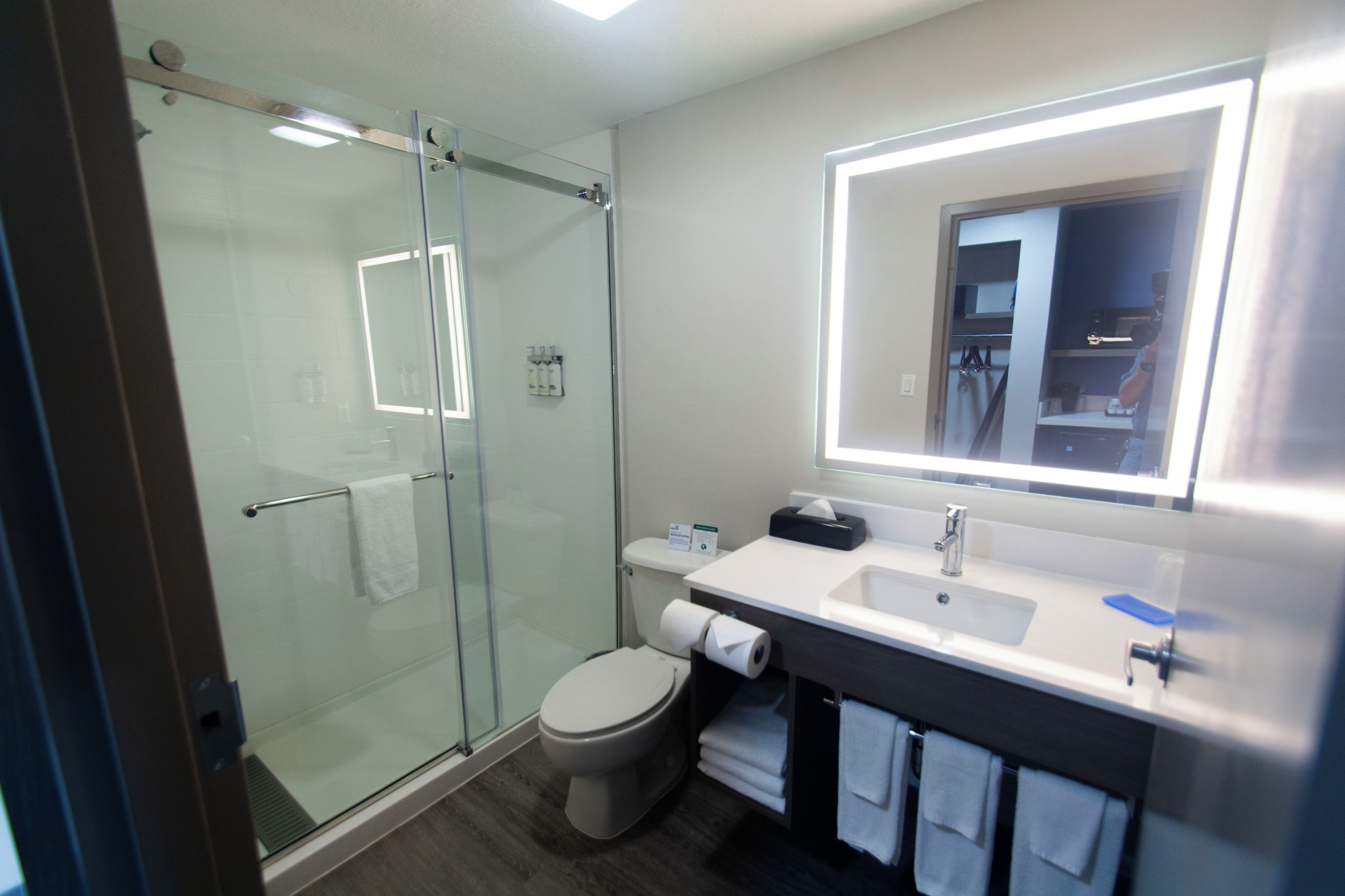 A bathroom with a glass-enclosed shower, a toilet, a sink with a mirror, and a towel rack.