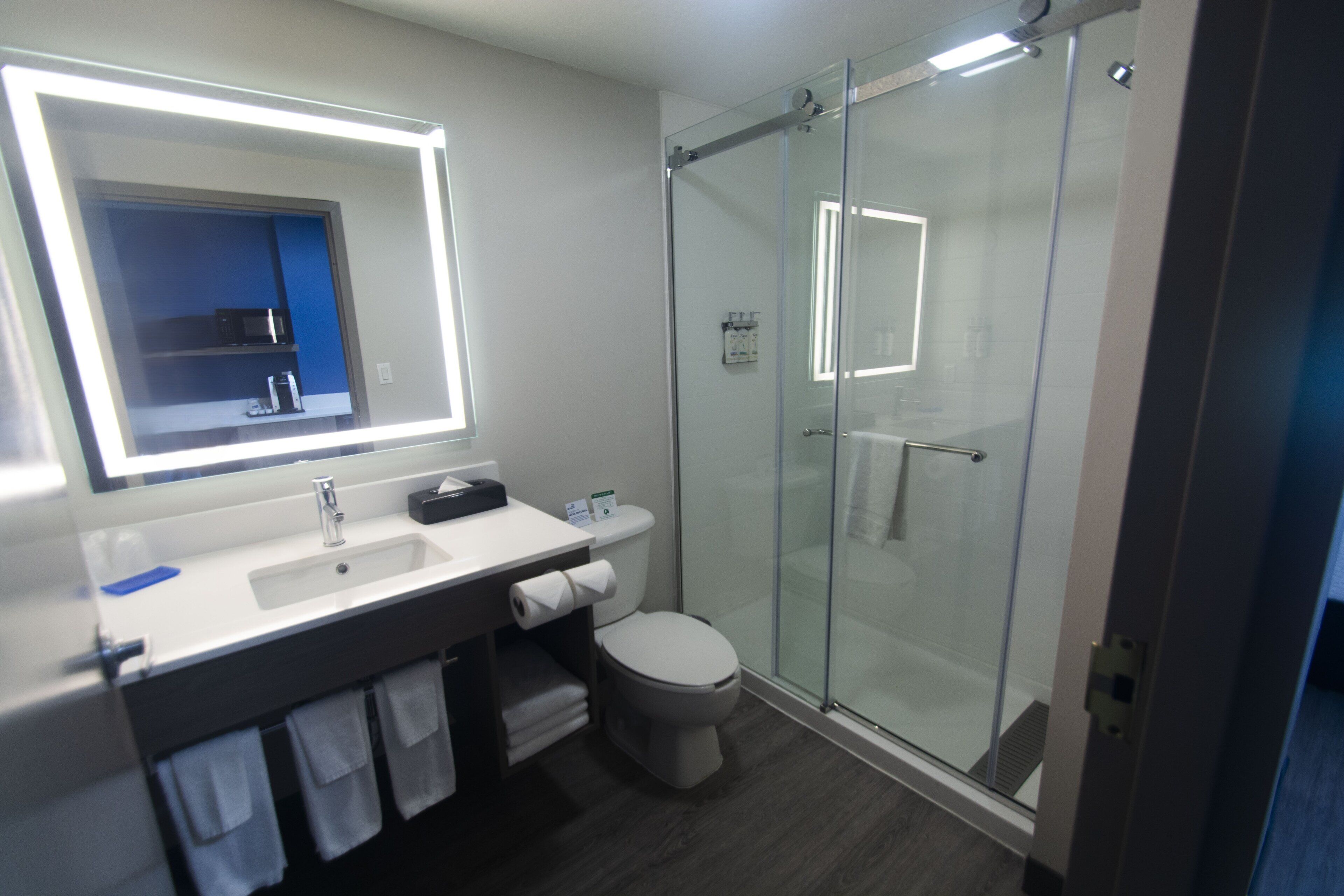 Down comforters, desk, laptop workspace, blackout drapes