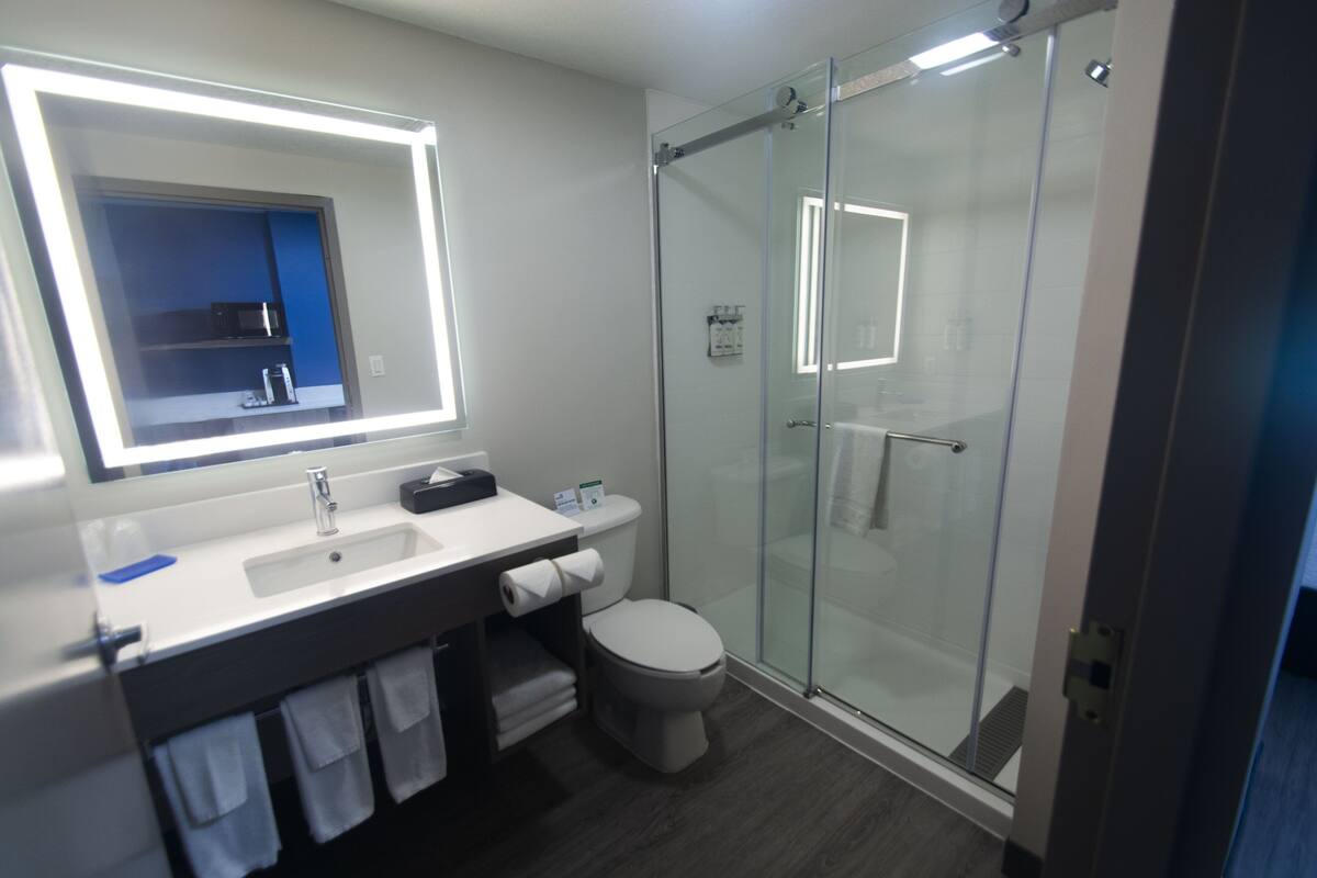 Une salle de bain moderne avec une douche à parois de verre, un lavabo blanc et un grand miroir.