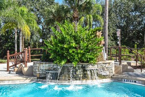 Outdoor pool, pool umbrellas, sun loungers