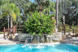 Outdoor pool, pool umbrellas, pool loungers