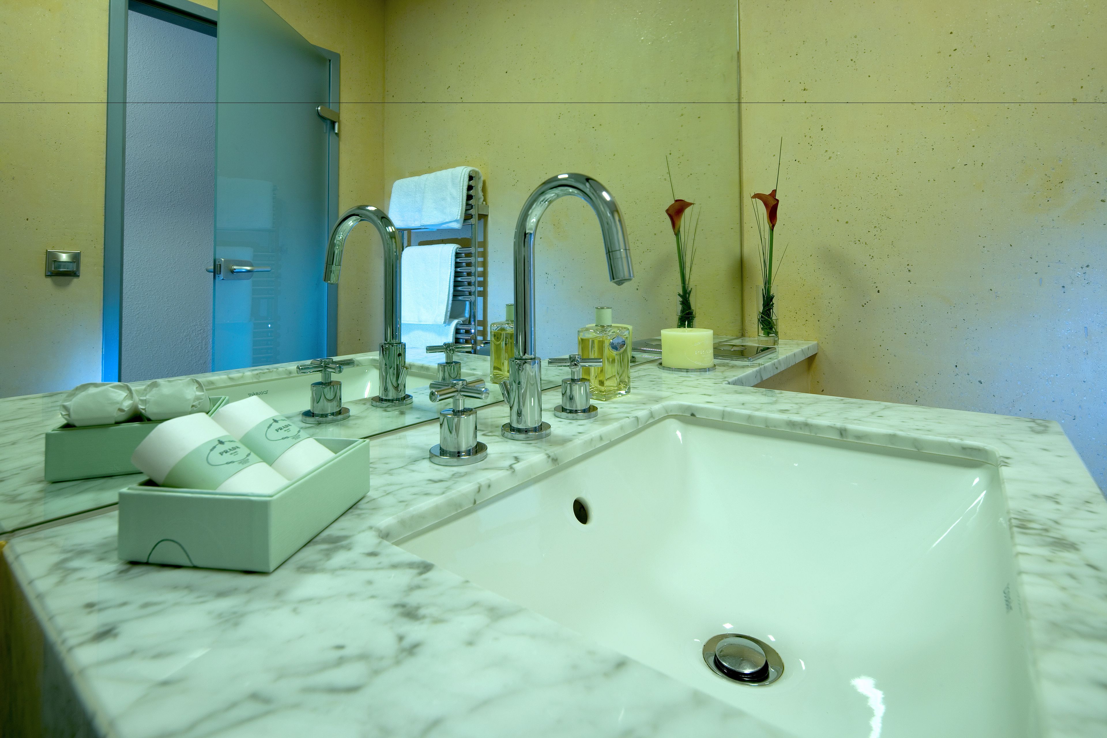 Une salle de bain avec un grand lavabo blanc, deux robinets en chrome, un miroir, un porte-serviettes et un vase rempli de fleurs.