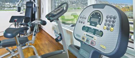 Un gimnasio con diversos equipos de ejercicio, una cinta de correr y vistas a una ciudad y montañas a través de un ventanal amplio.