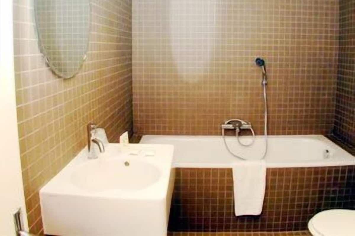 Combined shower/tub, hair dryer, towels