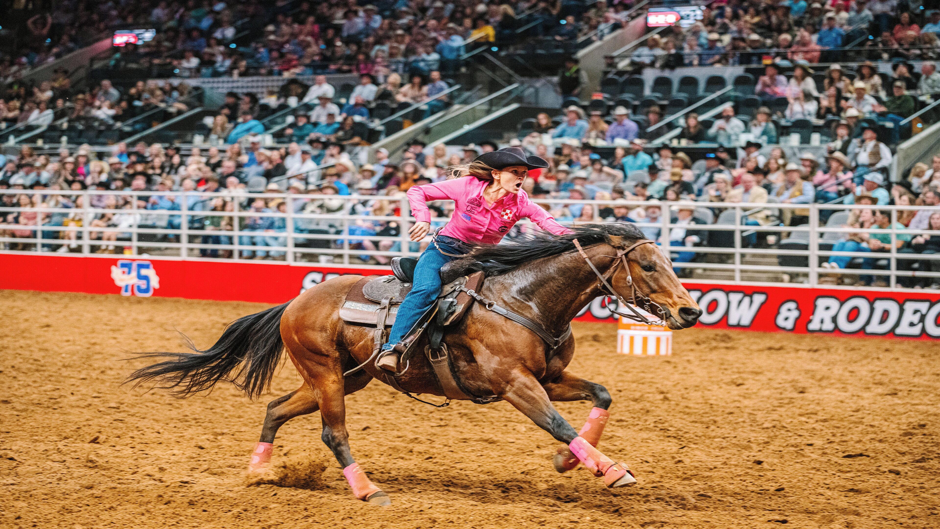 A person riding a horse in a rodeo arena with a crowd in the background.