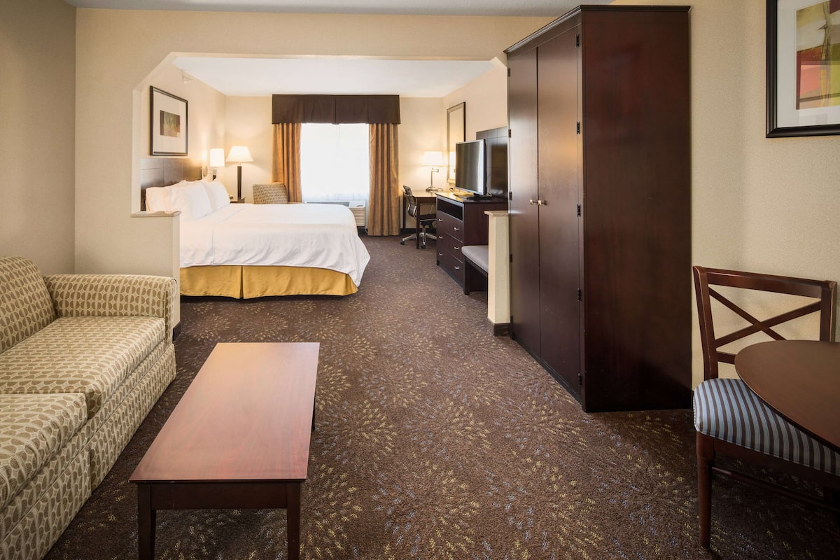 Una habitación de hotel con cama, escritorio, silla, sofá y televisor.