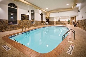 Indoor pool, open 8 AM to 10 PM, sun loungers